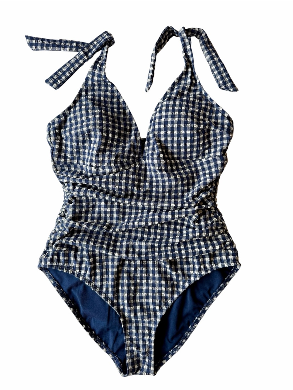 Ellen Tracy Navy & White Gingham Halter One-Piece Swimsuit